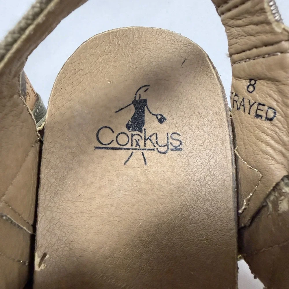 Corkys Olive Green Canvas Studded Cork Wedge Platform Sandals Womens Boho size 8